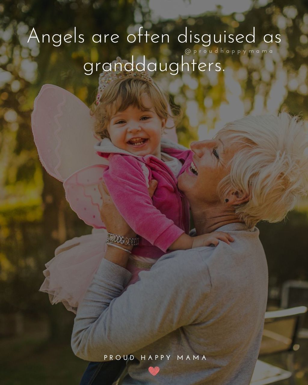 Grandmother holding young granddaughter in fairy outfit, with text overlay, ‘Angels are often disguised as granddaughters.’