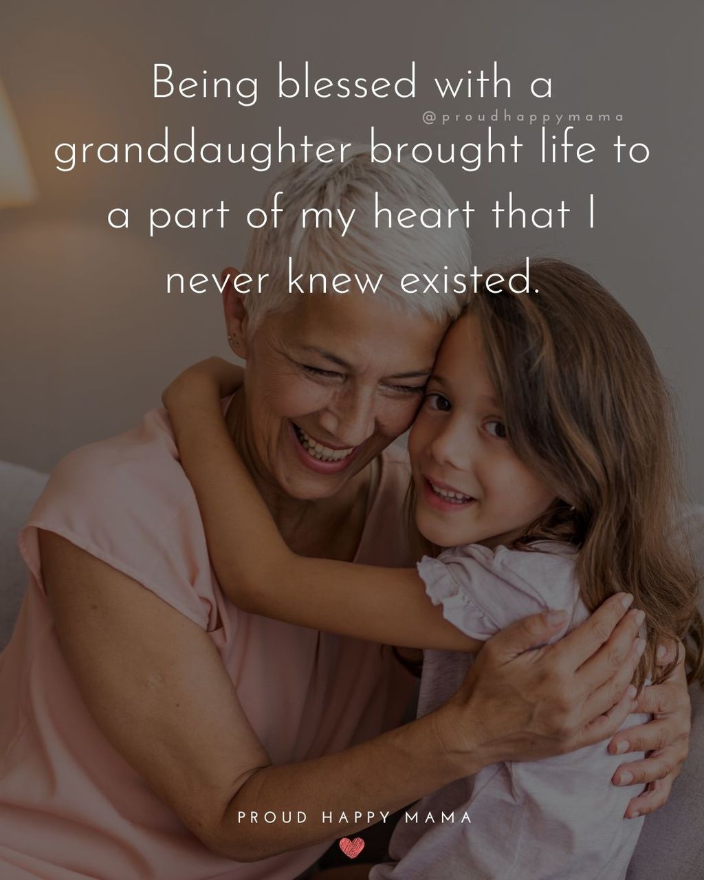 Grandma hugging granddaughter with granddaughter facing the camera. My granddaughter quote text overlay, ‘Being blessed with a granddaughter brought life to a part of my heart that I never knew existed.’