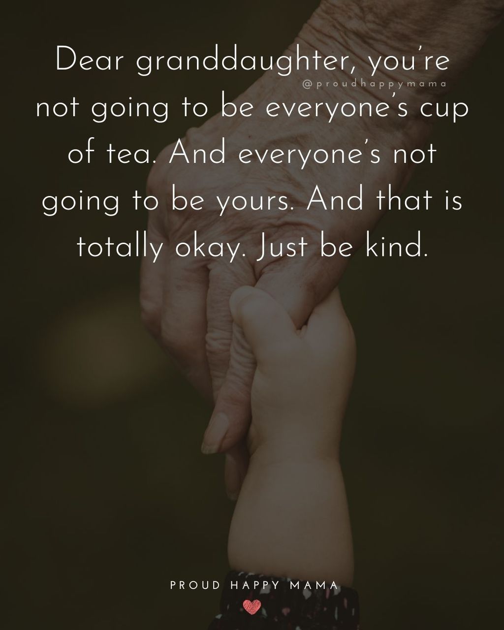 Young granddaughter's hand reaching up and holding onto grandmother's hand with text overlay, ‘Dear granddaughter, you’re not going to be everyone’s cup of tea. And everyone’s not going to be yours. And that is totally okay. Just be kind.’