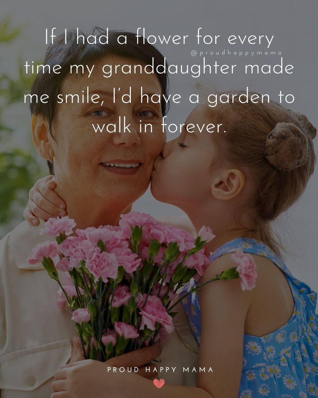 Young granddaughter giving grandma a kiss and flowers with granddaughter quote text overlay. ‘If I had a flower for every time my granddaughter made me smile, I’d have a garden to walk in forever.’