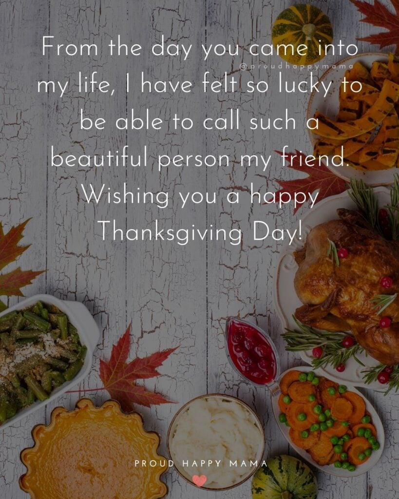 Thanksgiving Quotes - From the day you came into my life, I have felt so lucky to be able to call such a beautiful person my friend. Wishing you a happy Thanksgiving Day!