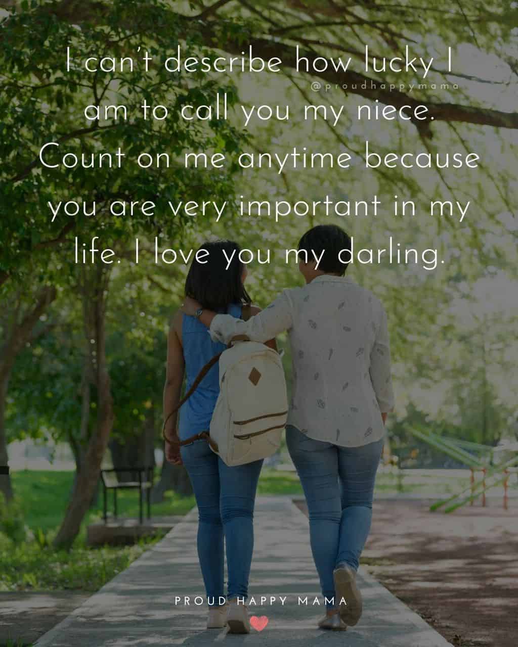 Niece Quotes - I cant describe how lucky I am to call you my niece. Count on me anytime because you are very important in my life. I love you my darling.