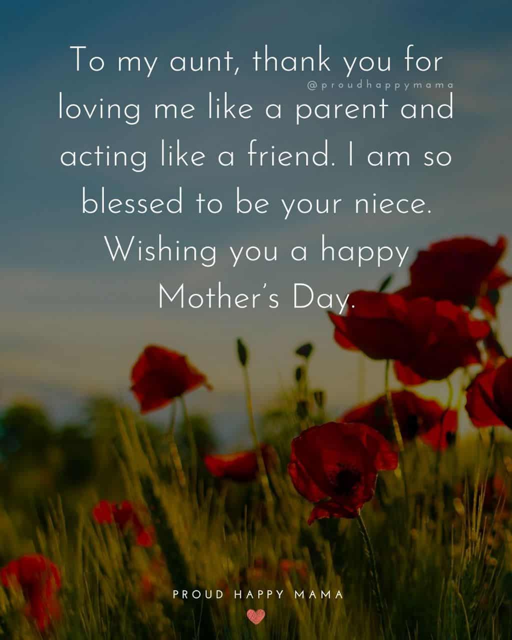 Happy Mothers Day Aunt - To my aunt, thank you for loving me like a parent and acting like a friend. I am so blessed to be your niece. Wishing you a happy Mothers Day.