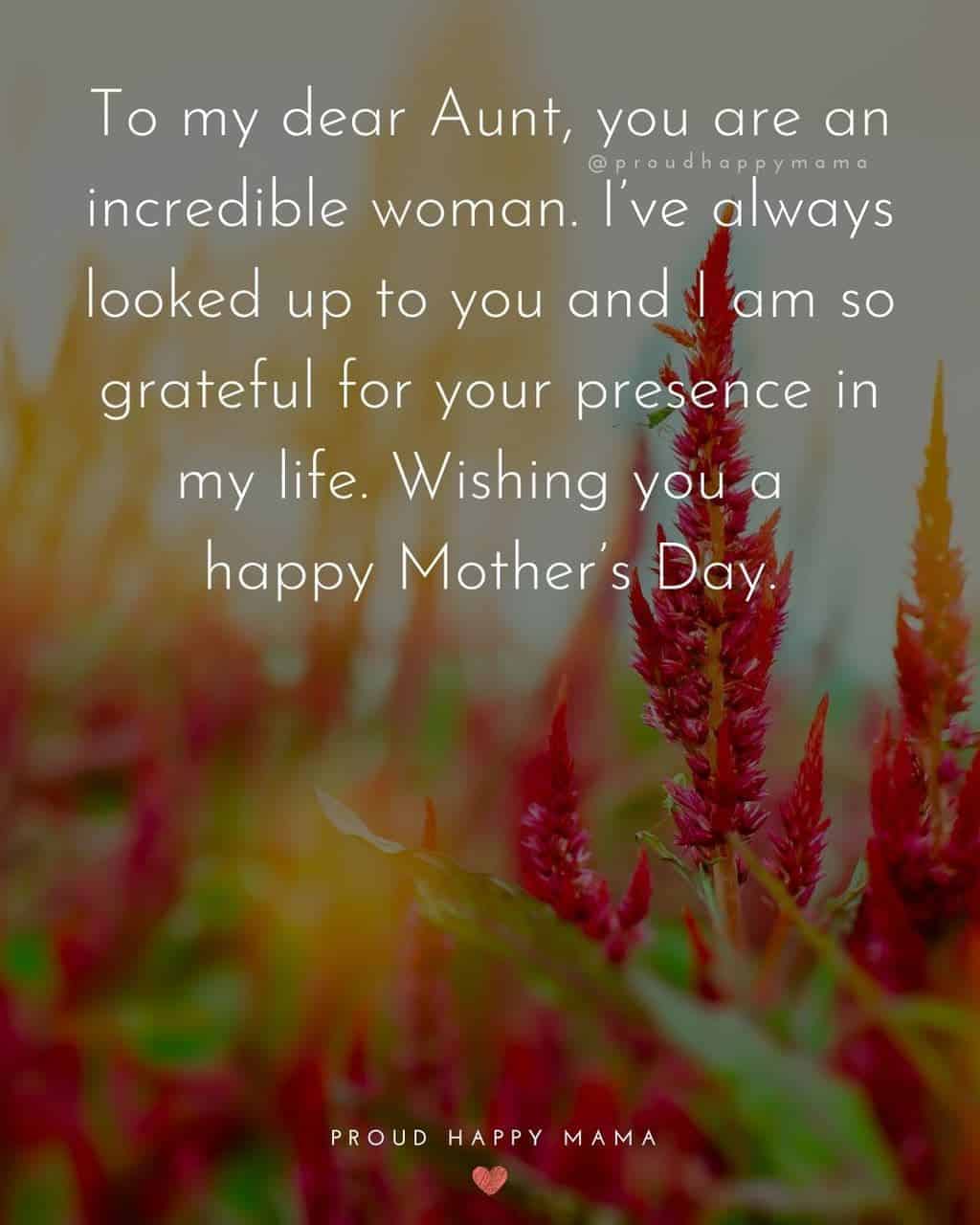 Happy Mothers Day Aunt - To my dear Aunt, you are an incredible woman. Ive always looked up to you and I am so grateful for your presence in my life. Wishing you a happy Mothers Day.