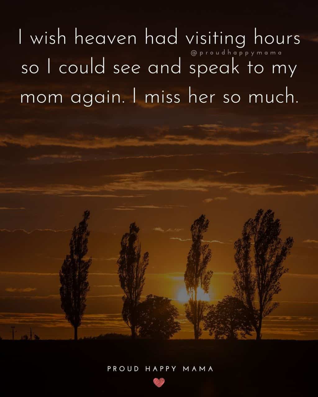 Sunsetting over trees with quote on death of a mother text overlay. ‘I wish heaven had visiting hours so I could see and speak to my mom again. I miss her so much.’