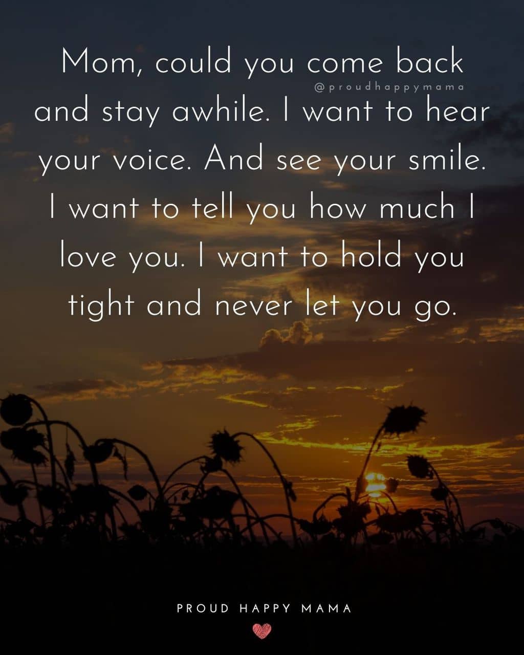 Sunflowers with sun setting in background with text overlay,‘Mom, could you come back and stay awhile. I want to hear your voice. And see your smile. I want to tell you how much I love you. I want to hold you tight and never let you go.’