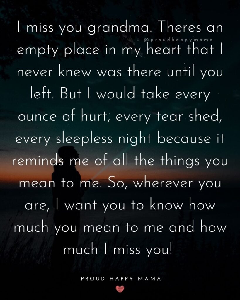 Missing Grandma Quotes - I miss you grandma. Theres an empty place in my heart that I never knew was there until you left. But I would take every ounce of hurt,
