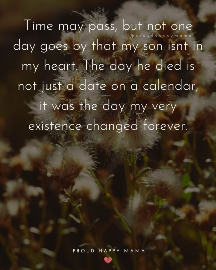 Missing Son Quotes - Time may pass, but not one day goes by that my son isnt in my heart. The day he died is not just a date on a calendar, it was the day my very existence changed forever.