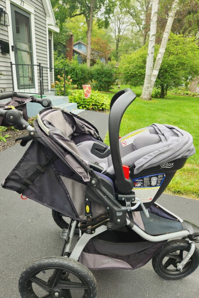 Bob stroller with Britax car seat attached.