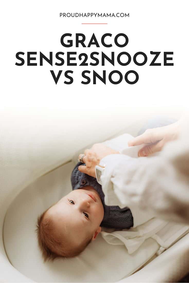 Baby in SNOO bassinet with SNOO vs Graco Sense2snooze text overlay. 