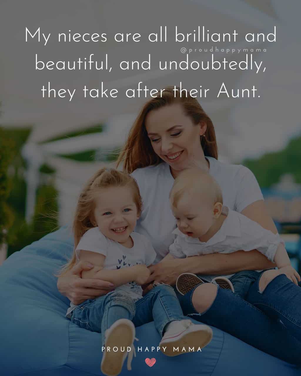 Aunty holding 3 year old niece whilst sitting on a bean bad with an aunt love quote text overlay. ‘My nieces are all brilliant and beautiful, and undoubtedly, they take after their Aunt.’