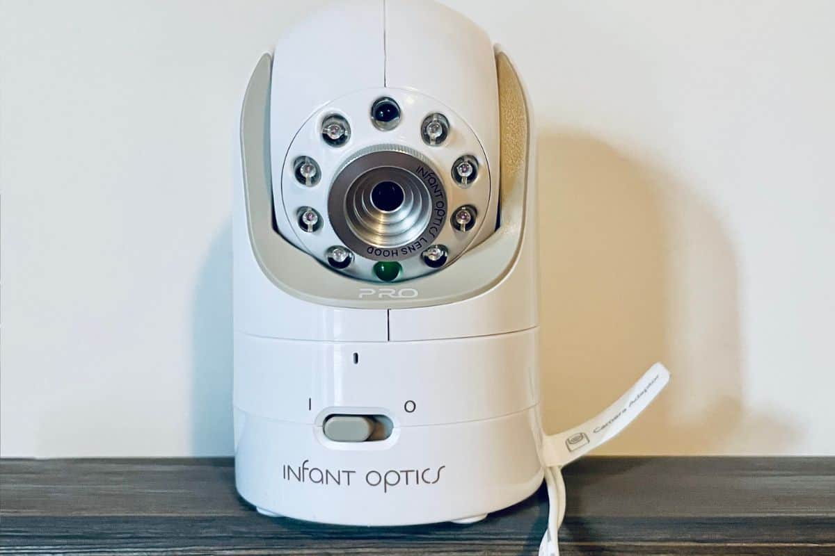 Infant Optics DXR-8 Video Baby Monitor on shelf. Our pick for the top long range baby monitor.