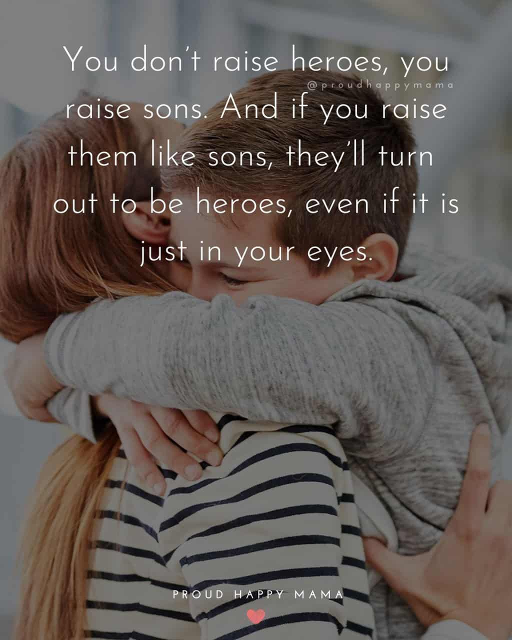 mother and son hugging with i love my son quote overlay