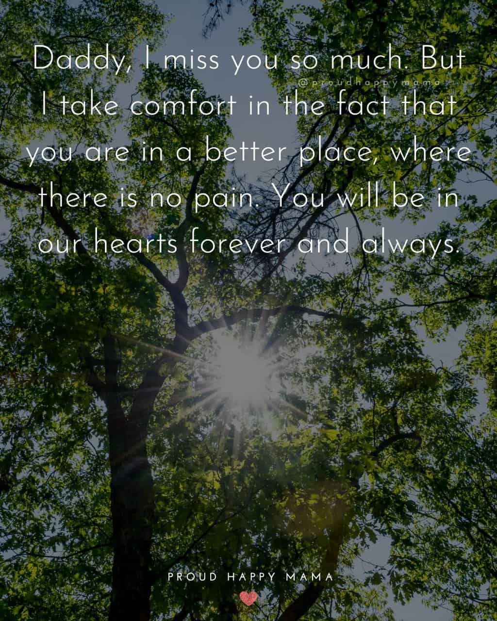 Sunlight beaming through tree with green leaves with missing father quote text overlay. ‘Daddy, I miss you so much. But I take comfort in the fact that you are in a better place, where there is no pain. You will be in our hearts forever and always.’
