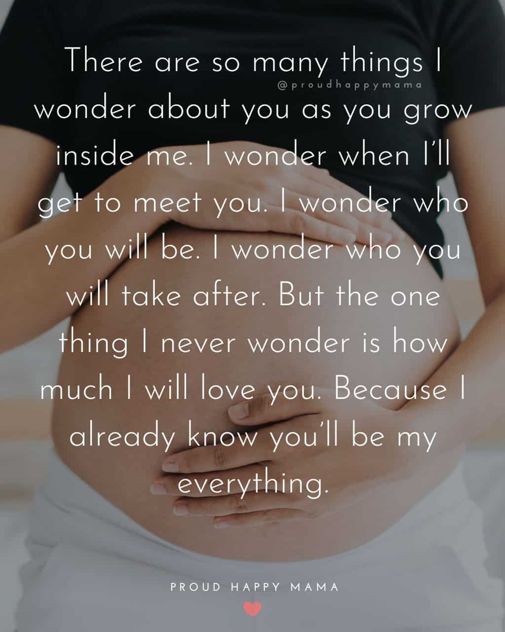 Waiting For Baby Quotes | There are so many things I wonder about you as you grow inside me. I wonder when I’ll get to meet you. I wonder who you will be. I wonder who you will take after. But the one thing I never wonder is how much I will love you. Because I already know you’ll be my everything.
