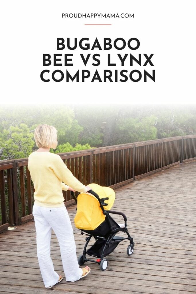 Mother walking baby in stroller on boardwalk with 'bugaboo lynx vs bee' text overlay.