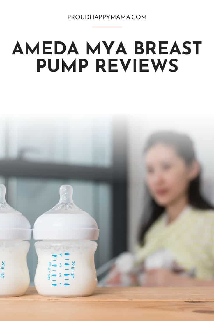 Two bottles of breast milk with mother pumping in background. With text overlay 'Ameda Mya breast pump reviews.'