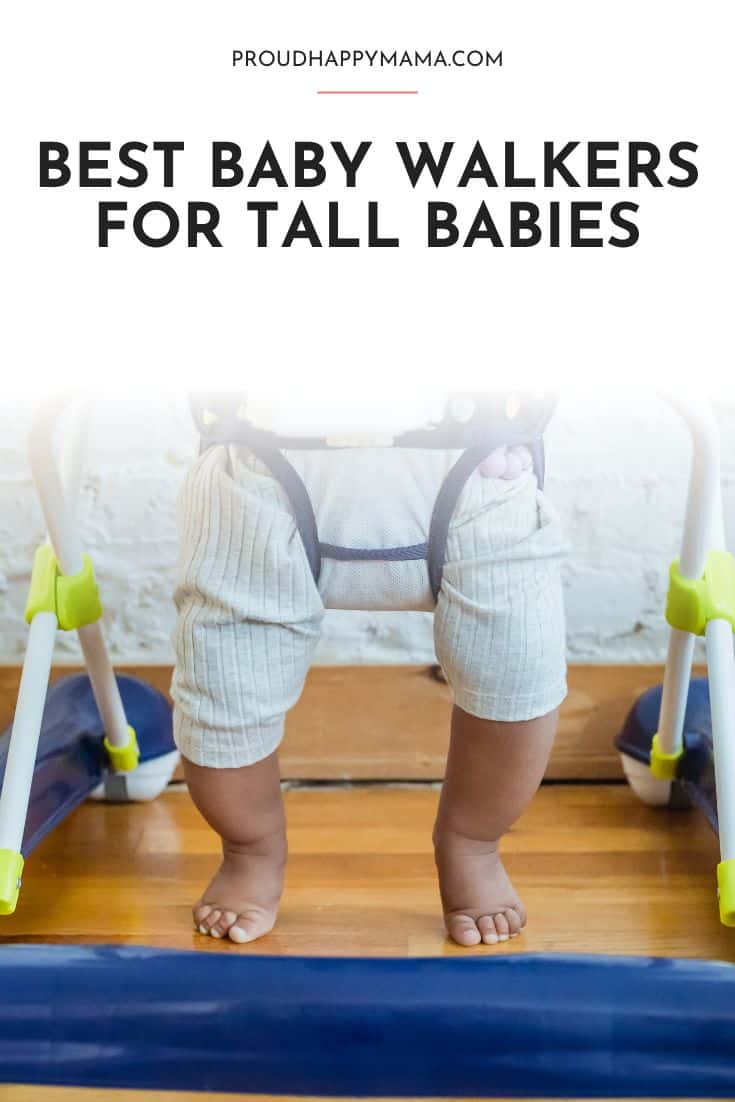 Tall baby in walker with best baby walker for tall babies text overlay.