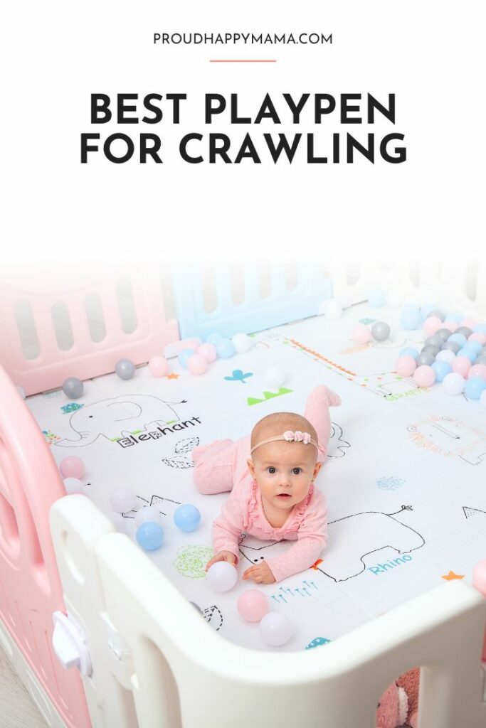 Baby in pick onesie learning to crawl in playpen. With text overlay, 'best playpen for crawling.'