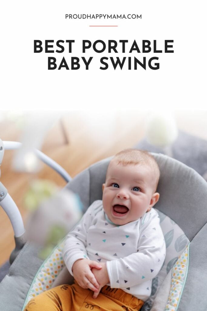 Baby smiling in baby swing looking up at the camera. With 'best portable baby swing' text overlay.