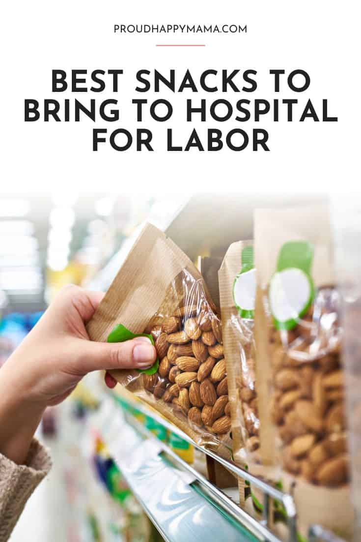 Woman reaching for packet of almonds on supermarket shelf. With text overlay, 'best snacks to bring to hospital for labor.'