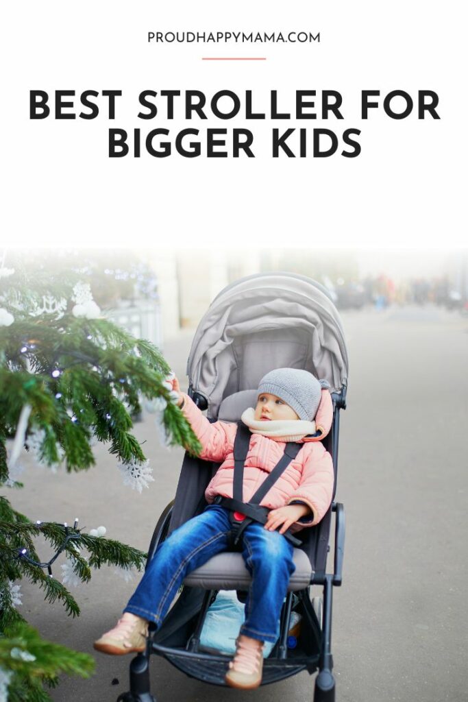 Older child in a stroller outside reaching for a tree branch, with 'best stroller for older child' text overlay.