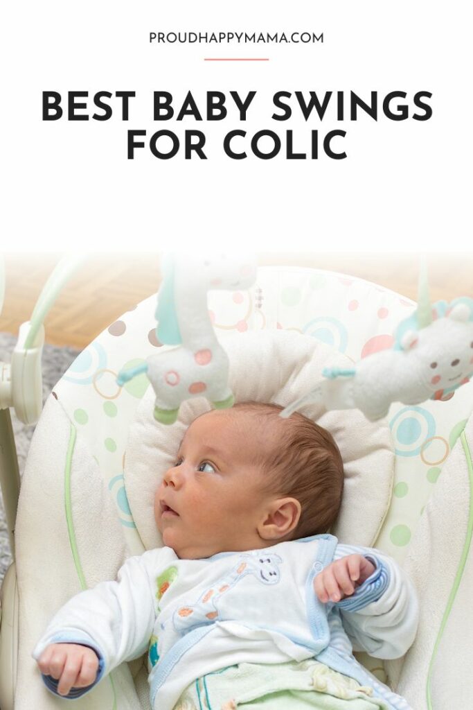 Baby in baby swing with 'best baby swing for colic' text overlay. 