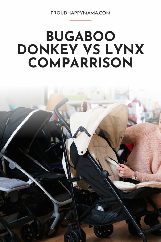 New mom looking at strollers with Bugaboo Donkey vs Lynx text overlay.