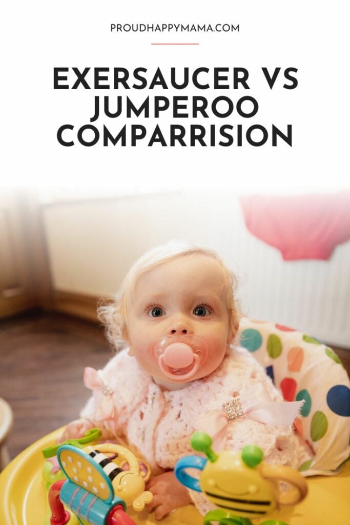 difference betweenBaby with dummy in mouth in exersaucer with 'exersaucer vs jumperoo' comparison text overlay.