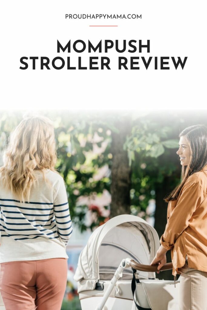 Two moms pushing strollers with 'Mompush stroller reviews' text overlay.