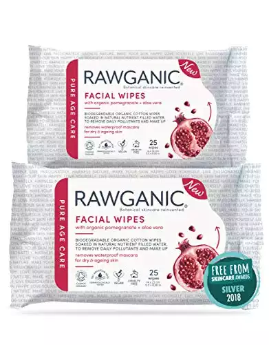 Rawganic Anti-aging Hydrating Facial wipes | Fragrance-free Biodegradable Organic Cotton Wipes