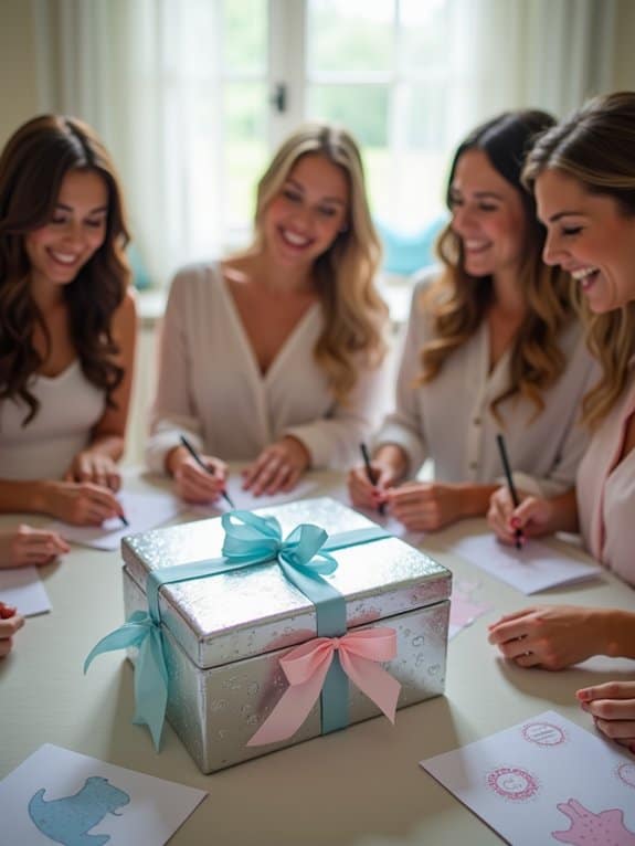 A group of women at a baby shower, smiling as they write heartfelt notes on paper, creating a time capsule for the baby. A beautifully wrapped silver gift box with pink and blue ribbons sits at the center of the table, ready to hold their messages and memories. This thoughtful activity highlights meaningful things to do at a baby shower that aren’t games, making the celebration extra special for the mom-to-be and her little one.