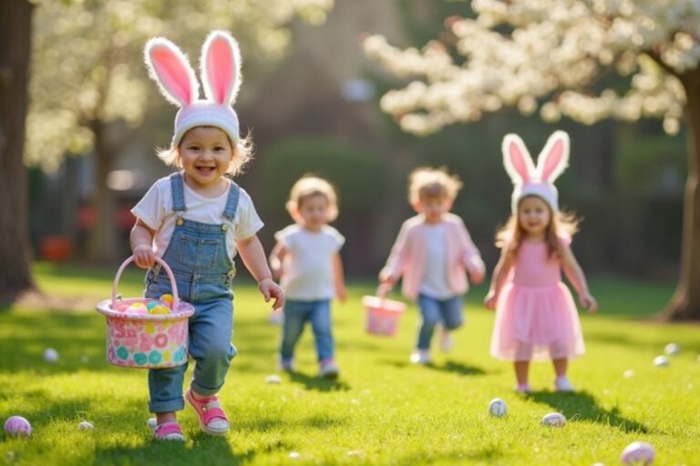 A group of young children playing Easter games in a sunlit park. The toddlers, dressed in pastel outfits and bunny ear headbands, excitedly participate in an Easter egg hunt. The child in the foreground, wearing denim overalls and pink sandals, smiles while carrying a basket filled with colorful eggs. Other toddlers in the background, also holding baskets, eagerly search for more eggs scattered on the green grass. The scene is framed by blooming trees, creating a cheerful and festive atmosphere.