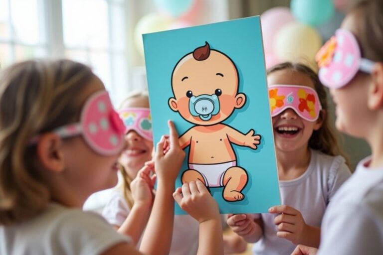 Children wearing colorful blindfolds laugh and play a fun baby shower game for kids, trying to pin a pacifier on a cartoon baby poster. The bright decorations and joyful expressions create a lively and festive atmosphere. A perfect activity to keep little guests entertained while celebrating the mom-to-be!