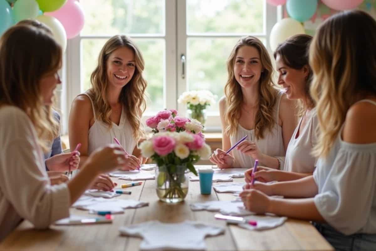 A group of smiling women gathered around a wooden table at a baby shower, decorating small white onesies with colorful markers. The table is adorned with a vase of pink and white flowers, while pastel balloons float in the background, creating a warm and festive atmosphere. This joyful scene highlights fun and meaningful things to do at a baby shower that aren’t games, making the celebration special and memorable.