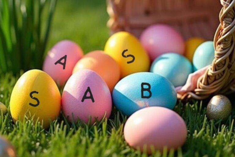 A colorful assortment of Easter eggs scattered on green grass near a woven basket. Some eggs are pastel-colored in shades of pink, blue, yellow, and orange, with bold black letters ("S," "A," "B") written on them. A small golden egg is also visible, adding a festive touch to the Easter egg hunt scene. The background is softly blurred, creating a bright and cheerful springtime atmosphere.