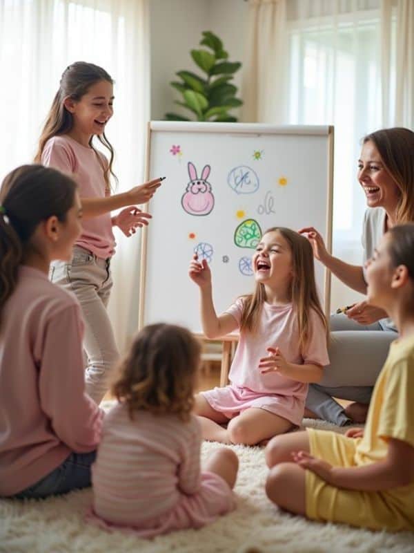 A group of children and adults sit and laugh together during a fun indoor Easter-themed activity. They are gathered around a whiteboard decorated with colorful drawings of Easter eggs and a bunny. The room is bright and cozy, with natural light streaming through sheer curtains and a green plant in the background. The joyful atmosphere reflects creativity, learning, and bonding time.