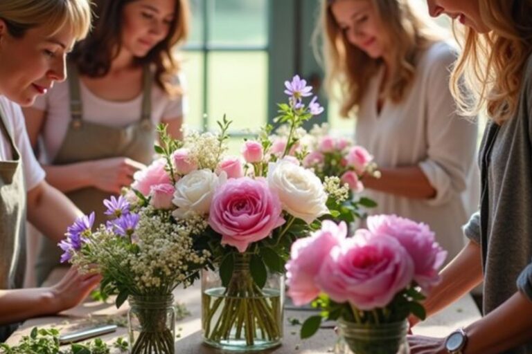 Women creating beautiful floral arrangements together at a flower workshop, with vibrant pink and white roses, baby's breath, and fresh greenery in glass jars—capturing a creative and meaningful Mother's Day activity.