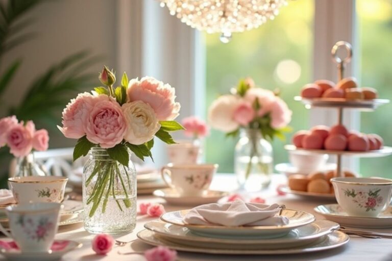 Elegant Mother’s Day table setting with vintage teacups, tiered dessert trays filled with pink macarons, and mason jars of pink peonies, creating a soft and romantic tea party atmosphere.
