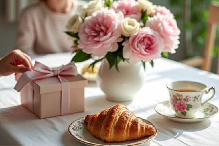 A beautifully set Mother’s Day breakfast table featuring a croissant on a floral china plate, a cup of tea in a matching teacup, a vase of pink and white flowers, and a pastel pink gift box with a satin ribbon being opened by hand.