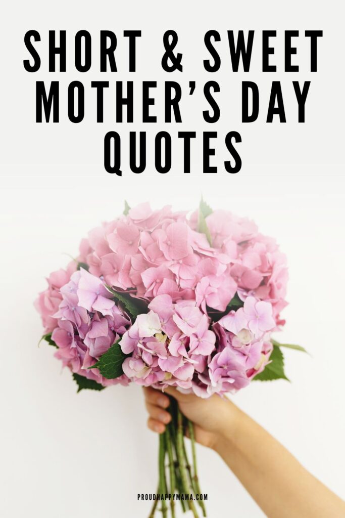 A hand holding a bouquet of pink and lavender hydrangeas with bold text that reads “Short & Sweet Mother’s Day Quotes” – perfect for cards or captions.