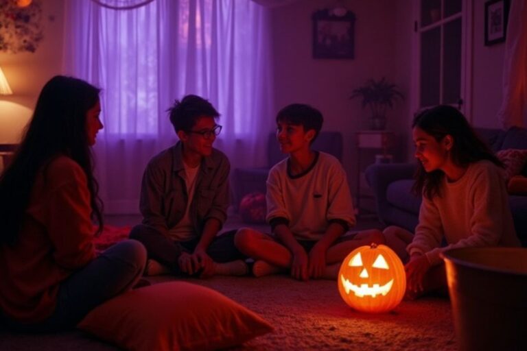 Teens sitting in a circle with a glowing jack-o’-lantern, enjoying spooky Halloween games in a cozy, dimly lit room.