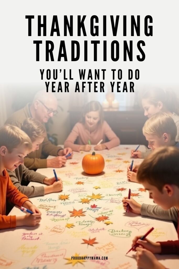 Children and adults gather around a Thanksgiving table, writing messages of gratitude on a white tablecloth covered in colorful handwriting and autumn leaves. A small pumpkin sits at the center of the table, and the warm, cozy setting is highlighted by candles in the background. Text above the image reads, "Thanksgiving Traditions You’ll Want to Do Year After Year," with the website ProudHappyMama.com at the bottom.