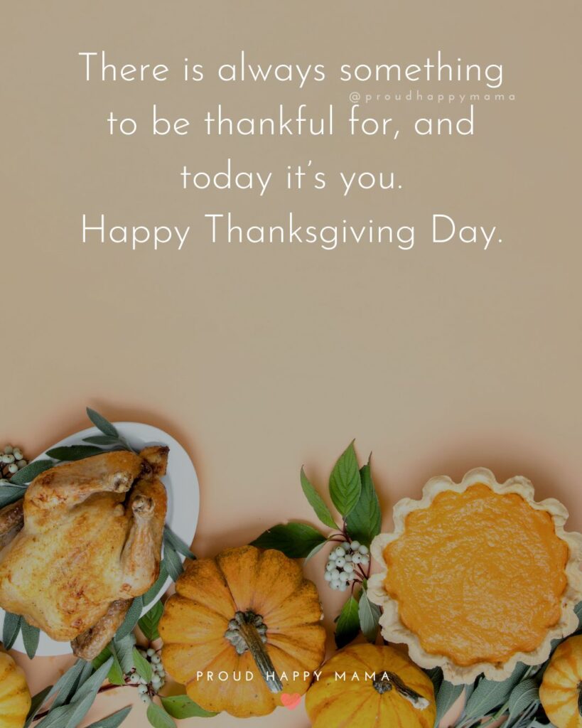 Thanksgiving quote overlay that reads “There is always something to be thankful for, and today it’s you. Happy Thanksgiving Day.” with roasted turkey, pumpkin pie, and pumpkins on a festive autumn table.