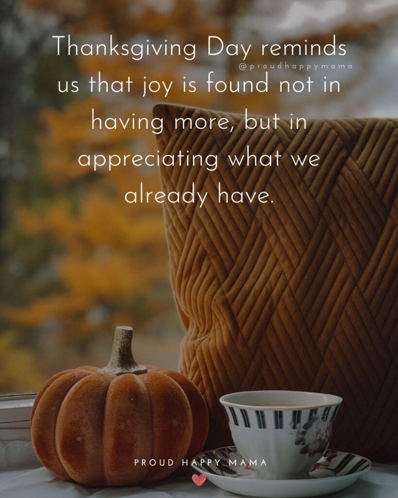 Thanksgiving quote overlay that reads “Thanksgiving Day reminds us that joy is found not in having more, but in appreciating what we already have” with a cozy fall scene featuring a pumpkin, a cup of coffee, and a soft pillow by the window.