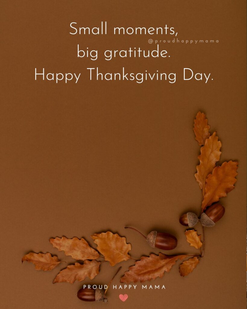 Thanksgiving quote overlay that reads “Small moments, big gratitude. Happy Thanksgiving Day.” with brown autumn leaves and acorns on a warm brown background.