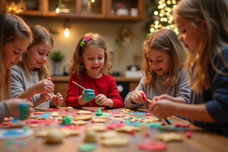 Children gathered around a kitchen table decorating colorful Christmas cookies with frosting and sprinklessmiling and concentrating as holiday lights twinkle softly in the background.