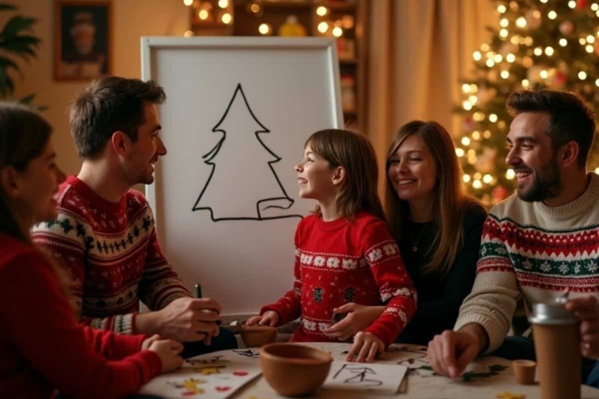 A family sitting together in a cozy living room playing Christmas Pictionarysmiling around a whiteboard with a simple Christmas tree drawingwith warm lights and a decorated tree in the background.