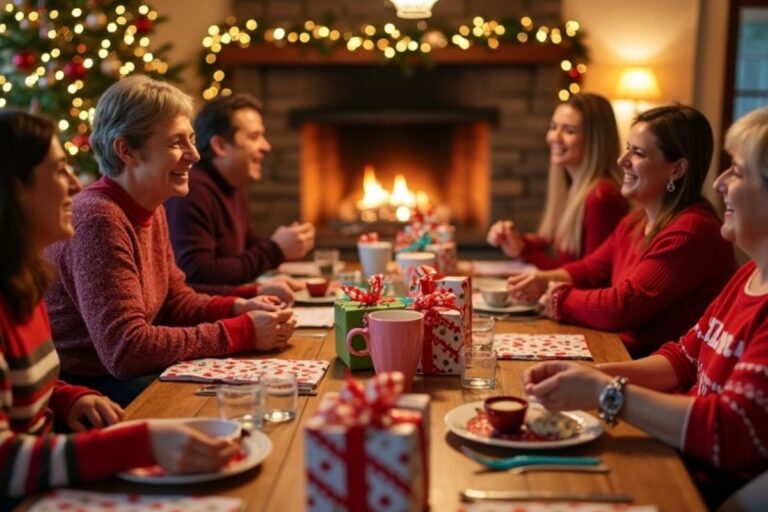 A happy family gathered around a festive Christmas dinner table, exchanging gifts and enjoying dessert in a cozy room decorated with twinkling lights and a glowing fireplace.