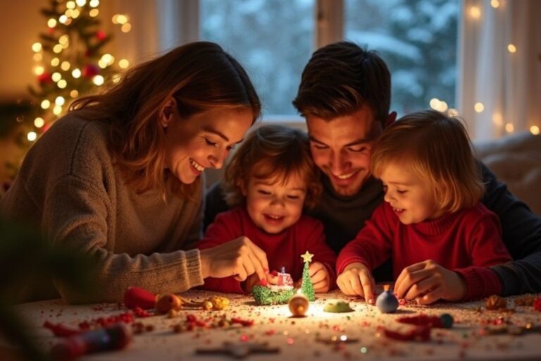 A family with young children enjoying Christmas traditions for kids at home, smiling together while making festive crafts in a warm, cozy holiday setting.